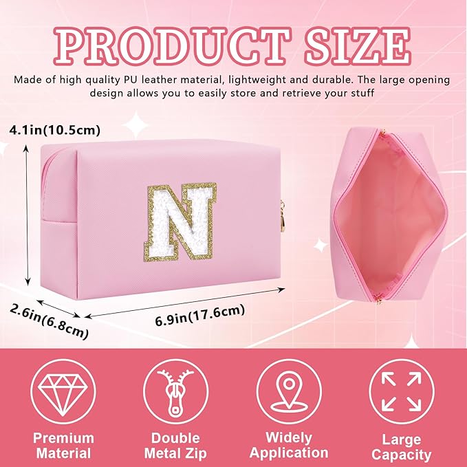 Iqimott Personalized Initial Letter Patch Makeup Bag, Preppy Portable Chenille Letter Cosmetic Bag with Zipper, PU Leather Waterproof Travel Toiletry Bag Monogram Make Up Pouch Girls(Letter N)