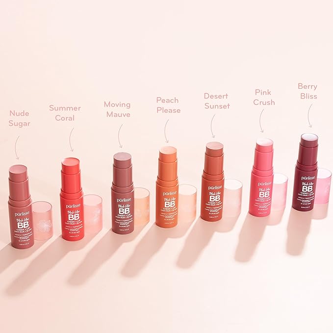 pürlisse Blush Glow BB Lip and Cheek Tint - Hydrating & Buildable 2-in-1 Cream Blush Stick for Cheeks & Lips - Formulated with Nourishing Vitamin E & Hyaluronic Acid - Peach Please (.28 oz)