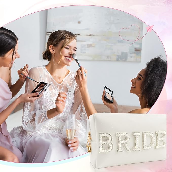 2PCS Bride to be Patch Letter Makeup Bag Bridal Shower Gifts for Engagement Wedding Bachelorette Bridesmaid Gifts for Bride Mrs Pearl Rhinestone Travel Bag White PU Leather Make Up Bag Pouch for Purse