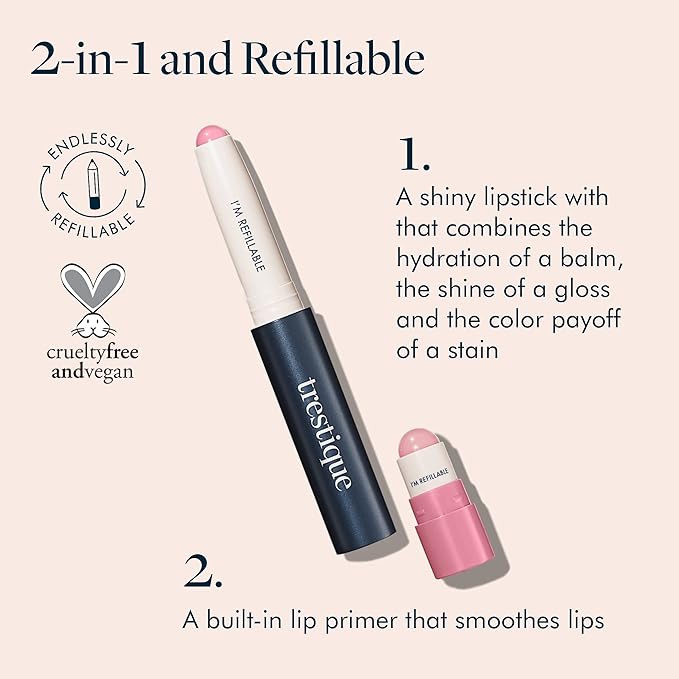 TRE'STIQUE Prime And Shine Lip Crayon, Refillable Shiny Lipstick With Built-in Primer, Clean Beauty Makeup, Lipstick For Women, 2-in-1 Glossy and Lip Primer