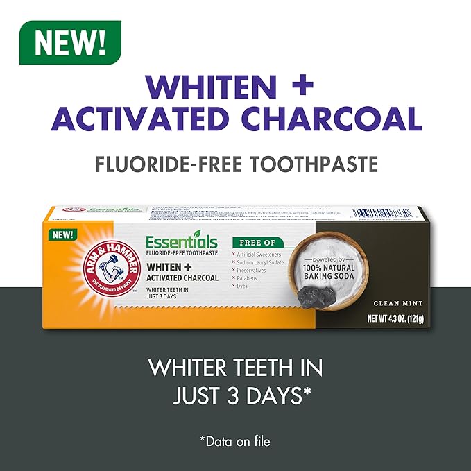 ARM & HAMMER Essentials Fluoride-Free Toothpaste Whiten + Activated Charcoal-12 Pack of 4.3oz Tubes, Clean Mint- 100% Natural Baking Soda