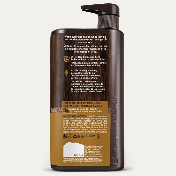 Every Man Jack Amber + Sandalwood Hydrating Mens 3-in-1 All Over Wash for All Skin and Hair Types - Body Wash, Shampoo and Conditioner with Naturally Derived Ingredients - 28.8oz (2 Pack)