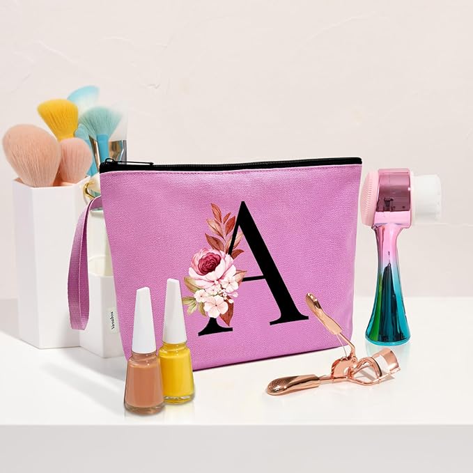 Vavabox A-Z Personalized Makeup Bag, Birthday Gifts for Women Mom, Gifts for Best Friend, Bride Bridesmaid Cosmetic bag (W, Purple)