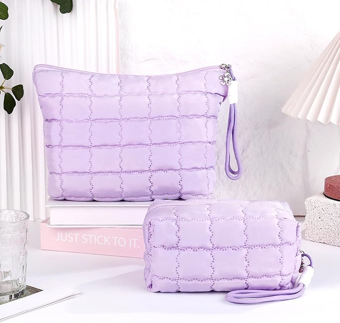 Richeart Makeup Bag Travel Toiletry Bag - Checkered Down Cotton Makeup Pouch for Women with Cosmetic and Pencil, Aesthetic Purple Design, Large