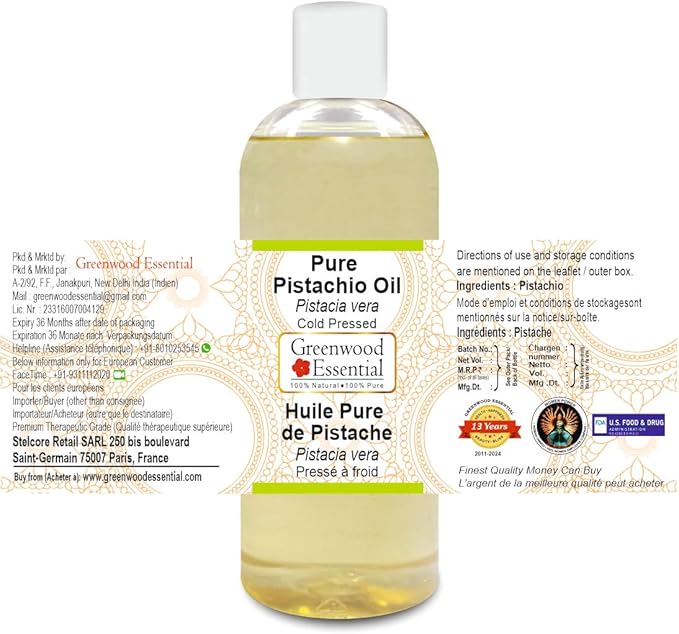 Greenwood Essential Pure Pistachio Oil (Pistacia vera) Cold Pressed 200ml (6.76 oz)