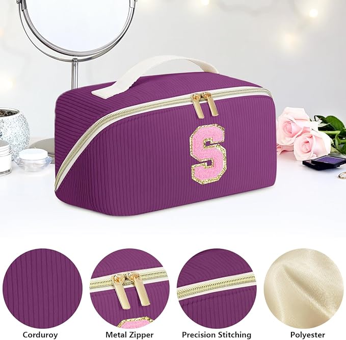 Personalized Initial Makeup Bag,Christmas Gifts for Girl,Preppy Bag Cosmetic Travel Bag Women,Travel Toiletry Organizer,Large Capacity Corduroy Stuff Bag,Cute Cosmetic Pouch Skincare Bag-U