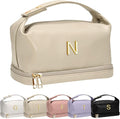 Engagement Gifts, Initial Large Makeup Bag, Personalized Double Layer Cosmetic Bag with Makeup Brush Organizer, Waterproof, Large Capacity PU Leather Travel Toiletry Bag