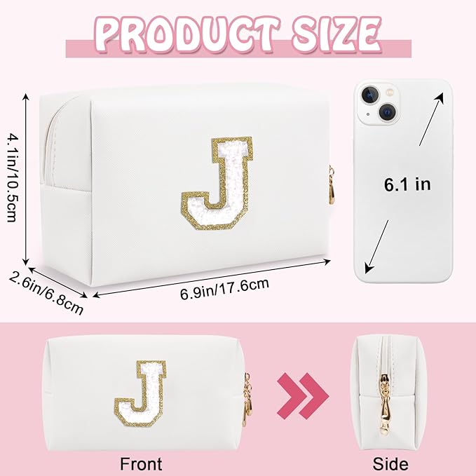 Personalized Preppy Small Travel Makeup Bag, Initial Chenille Letter White Makeup Bag Cosmetic Pouch Toiletry Organizer, Portable Waterproof Makeup Storage Cute Preppy Stuff for Mom Girl(Letter J)