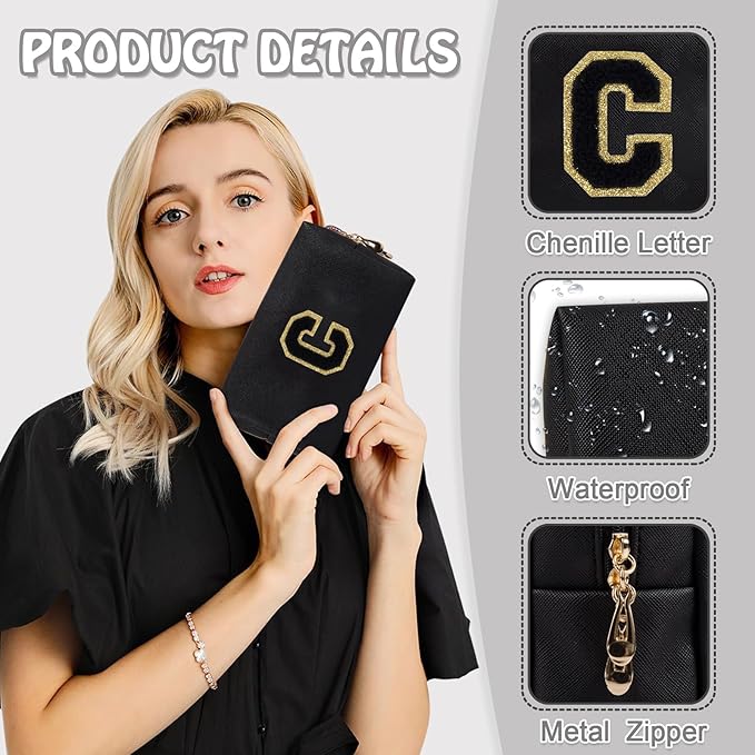 Personalized Initial Preppy Patch Makeup Bag, Small Cute Black Travel Toiletry Pouch Monogram Cosmetic Organizer with Zipper, PU Waterproof Make Up Case Storage Gift for Coworker Teacher Her(Letter C)