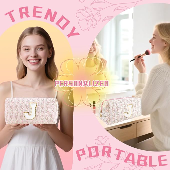 Personalized Quilted Cosmetic Bag, Puffy Monogrammed Christmas Birthday Gifts for Women & Girls, Cute initial Floral Makeup Bag Puffer Coquette Bag, Aesthetic Travel Toiletry Zipper Pouch(Pink,J)
