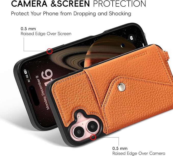 LUCKYCOIN Crossbody Wallet Phone Case for iPhone 16,100% Genuine Leather Wallet Phone Case with Expandable Flip Card Holder,Phone Purse for Women with Adjustable Removable Strap - Pebble Brown