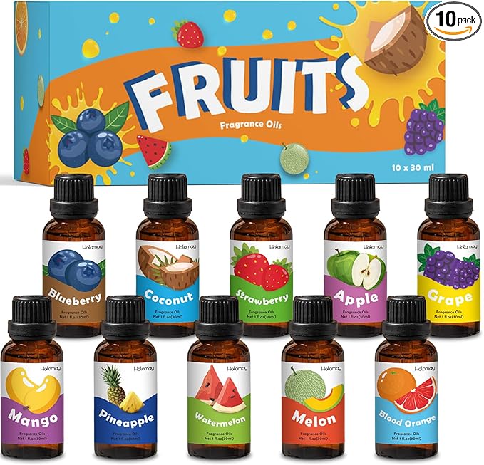 Holamay Fruit Essential Oils for Diffusers for Home, Fragrance Oil for Soap Making, Candle Scents for Candle Making 30ml x 10 - Coconut, Strawberry, Mango, Pineapple, Large Size Aromatherapy Oils Set