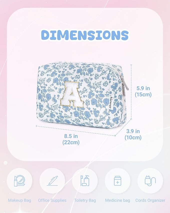 Narwey Christmas Gifts for Teen Girls Kids Women Personalized Initial Floral Makeup Bag Cute Cosmetic Trendy Stuff 6 8 10 11 12 13 14 16 18 Years Old Travel Toiletry Bag (Little Blue Flower A)