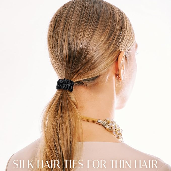OLESILK Silk Hair Ties for Women: 100% Mulberry Skinny Silk Scrunchies, Soft Smooth No Damage No Crease for Thin Fine Curly Hair 3 Pack, Multi-2