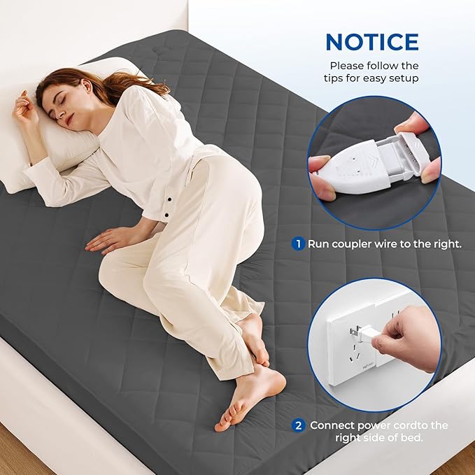 Heated Mattress Pad King Size Quilted Zone Heating Electric Bed Warmer Comfort Heat Mattress Pad Cover Dual Controller（10 Heat Setting | 1-12 Hours Auto Shut Off | with 8-21 Inch Deep Pocket） Gray