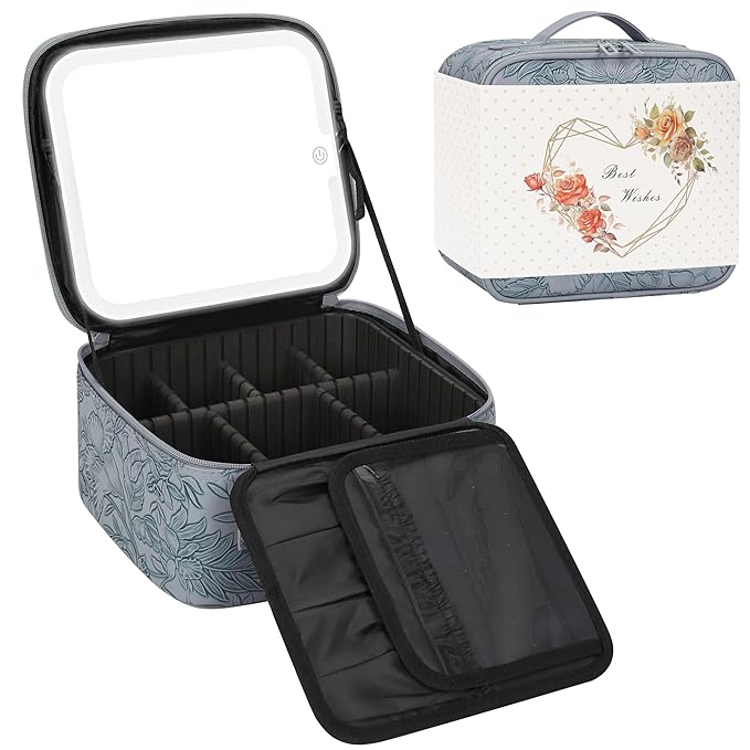Relavel Travel Makeup Bag With LED Mirror for Women, Cosmetic Organizer Bag with Adjustable Brightness in 3 Color Scenarios, Detachable Dividers, Waterproof Train Case for Daily - Dark Blue FLowers