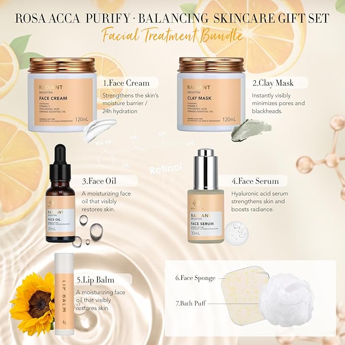 Skin Care Set for Women & Men, 28pcs Facial Kit at Home, Self Care Pamper Set, Birthday Gifts, Orange Spa Gift Baskets for Women, Serum, Face Cream, Bath Oil, Bath Bomb, Mothers Day, Christmas, Dad
