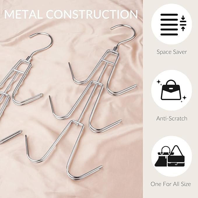 ZEDODIER Purse Hanger Organizer for Closet, Hanging Bag Holder, Keeping Purses Visible and in Good Condition, Metal Handbag Storage Hook Backpack Rack Space Saving Hanger, Silver