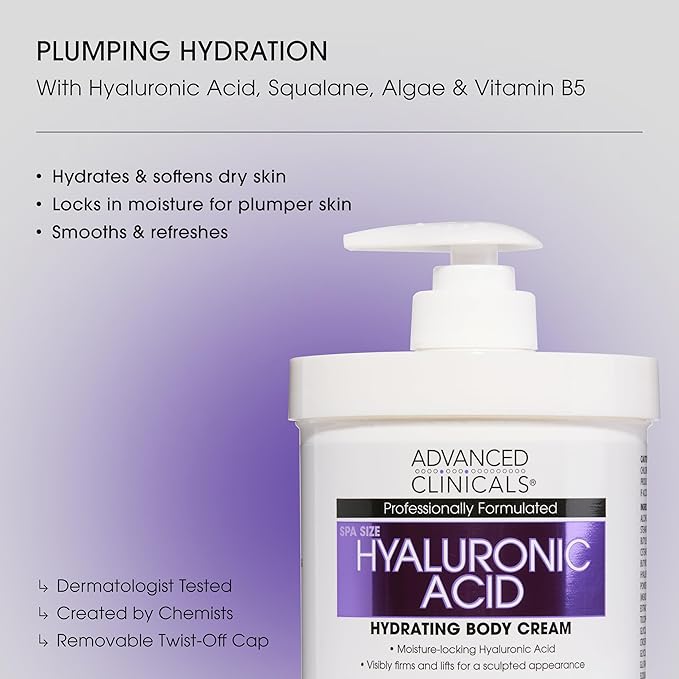 Advanced Clinicals Hyaluronic Acid Moisturizer Body Cream W/Vitamin E | Hydrating Cream & Body Lotion For Women & Men To Help Improve Look of Wrinkles, Dry Skin, Crepey Looking Skin, 16OZ, 2-Pack