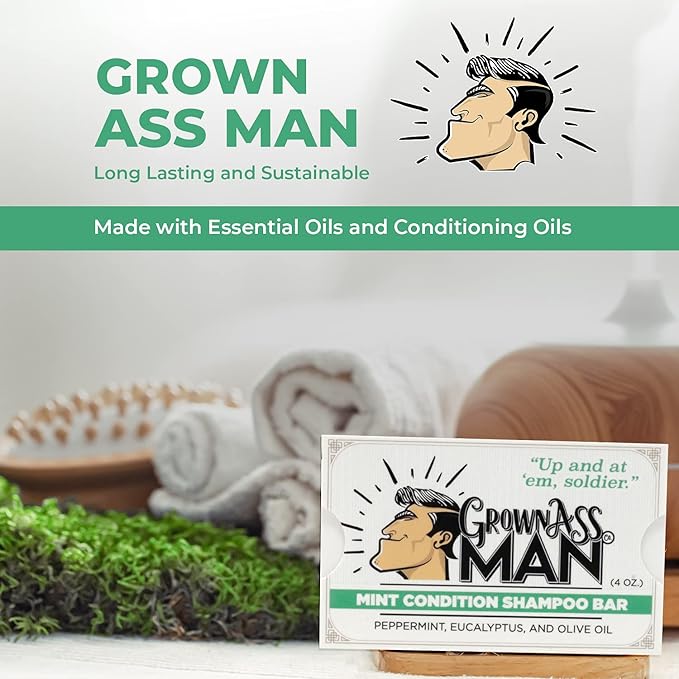 Grown Ass Man Co. - Solid Shampoo Bar Rich Lather 3 in 1: Hair, Beard & Body Wash - Plastic Free & Eco-Friendly, Natural & Organic Clean for All Hair Types, 4oz Bar (Mint Condition, 6-Pack)
