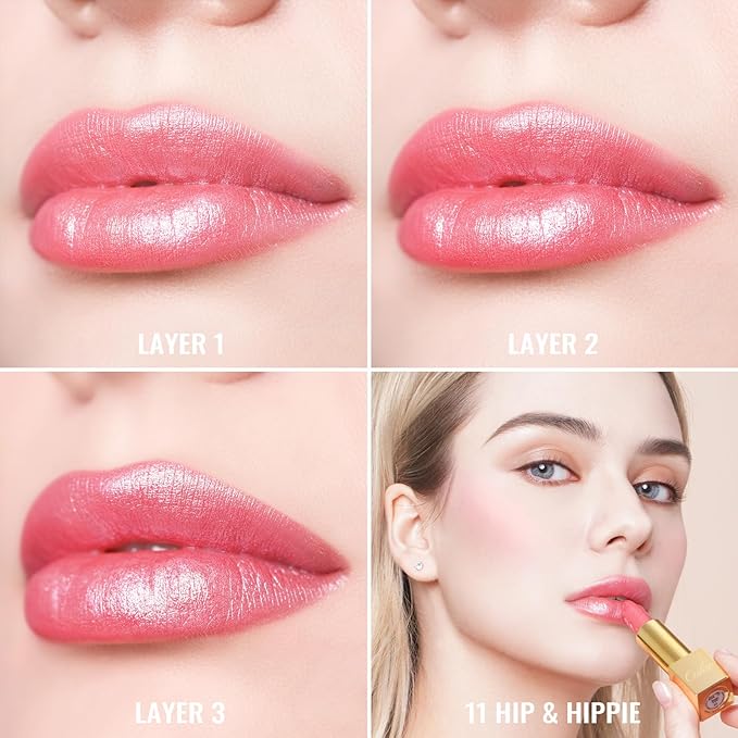 Oulac Pink Lipstick for Women with Metallic 3D Shine Lightweight Hydrating Formula, High Impact Lip Color, Vegan Beauty, Full Coverage Lip Makeup, Christmas Gifts for Women, Hip & Hippie(11)