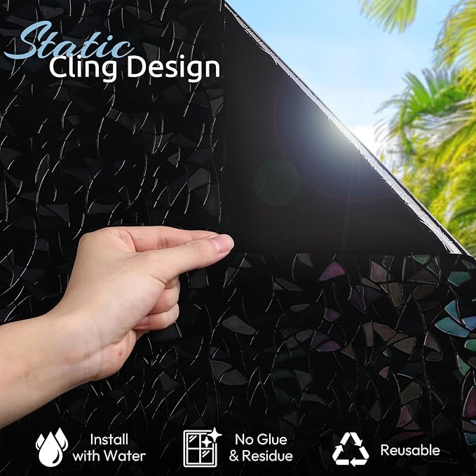 rabbitgoo Window Privacy Film Rainbow Film Decorative Window Sticker, 3D Static Stained Glass Cling Tint for Room Darkening Day Sleep, Black, 23.6 x 118.1 inches