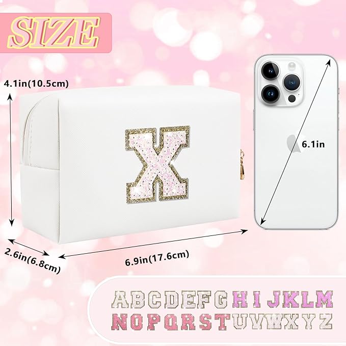 Initial Letter Patch Makeup Bag, Preppy Glitter Letter Pouch Cosmetic Bag,Small PU Travel Toiletry Bag Zipper,Personalized Monogrammed Gift for Friends Sister,Cute Stuff for Women Teen Girls(Letter X)
