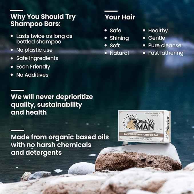 Grown Ass Man Co. - Solid Shampoo Bar Rich Lather 3 in 1: Hair, Beard & Body Wash - Plastic Free & Eco-Friendly, Natural & Organic Clean for All Hair Types, 4oz Bar (Campfire King, 3-Pack)