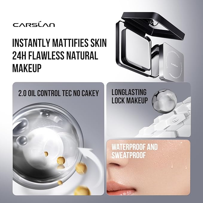 CARSLAN 2.0 Black Magnet Soft Focus Powder, Waterproof Translucent Pressed Setting Powder, 24H Longlasting Talc-Free Face Powder, Oil Control Compact Makeup,04 Light Beige For Dry&Com Skin, 0.28Oz