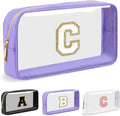 Personalized Initial Letter Clear Makeup Bag,Preppy Small Nylon&PVC Cosmetic Zipper Bag with Chenille Letter,Travel Skincare Toiletry Bag,Monogram Christmas Gift for Teen Girls Women,C