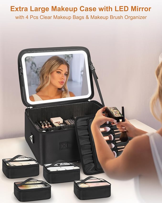 Relavel Extra Large Cosmetic Bag with LED Mirror, Train Makeup Case with Adjustable Dividers and 4 Removable Pouches, Hair Supplies Organizer, Portable Cosmetic Organizer Bag for Makeup Artists