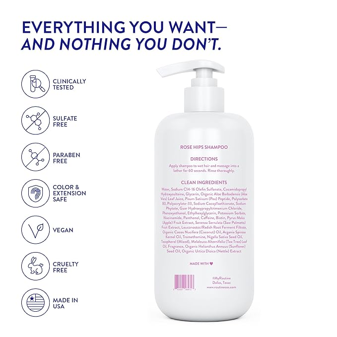 Routine Wellness Anti-Thinning Shampoo for Thinning Hair - Biotin DHT Blocker Women & Men - Color Safe Shampoo for Hair Loss & Healthy Hair - Rose Hips - 14oz
