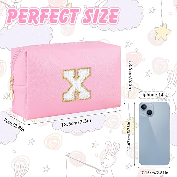 Initial Makeup Bag Personalized Preppy Travel Small Cosmetic Bag Cute PU Pink Chenille Letter Makeup Pouch for Purse Waterproof Zippered Toiletry Organizer for Women Girls Kids Friends (X)