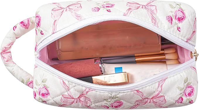 JOVAKIT Travel Makeup Bag Cosmetic Bag for Women, Christmas Gifts, Small Floral Flowers Coquette Toiletry Bag with Handle, Zipper Make Up Pouch Organizer Bag Trendy Stuff (Pink Bowknot)