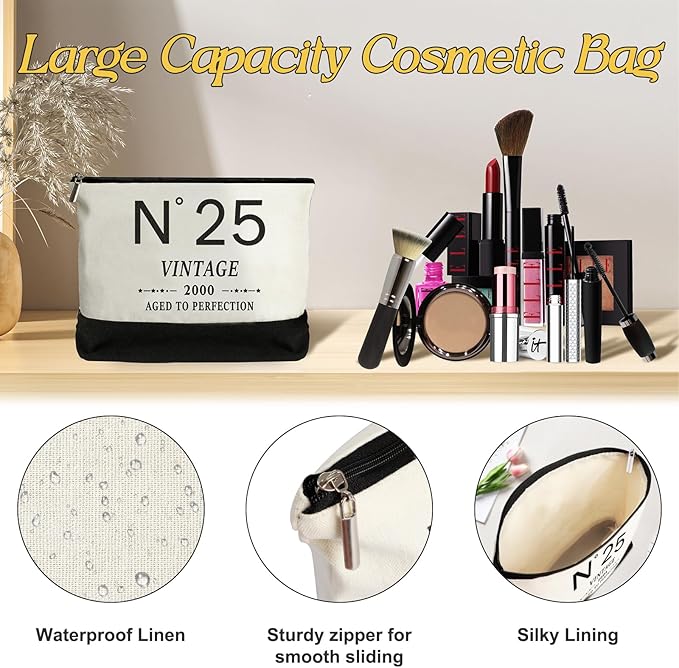 25th Birthday Gifts for Women Canvas Tote Bag Travel Gear,Unique 25 Years Old Gifts for Girlfriend Sister Coworker Friends Classmate Her, Vintage N°25 Handbag & Cosmetic Bag & Back in 2000 Poster