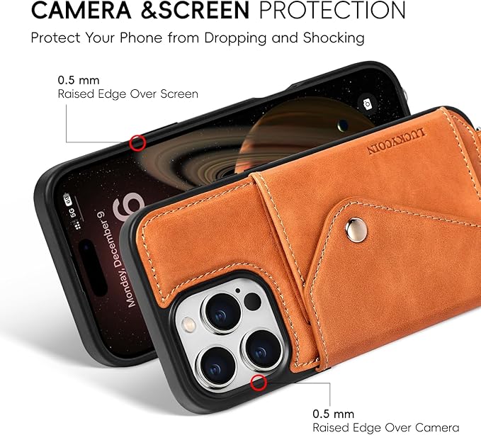 LUCKYCOIN Crossbody Wallet Phone Case for iPhone 16 Pro Max,100% Genuine Leather Wallet Phone Case with Expandable Flip Card Holder,Phone Purse for Women with Adjustable Removable Strap - Tan