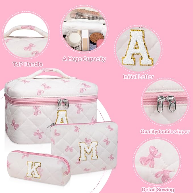 Initial Makeup Bag Set, Personalized Quilted Makeup Bag, Large Floral Cosmetic Bag for Women, Cute Cotton Custom Make up Bags, Flower Travel Toiletry Bag Teen Girl Gift Pink Butterfly K