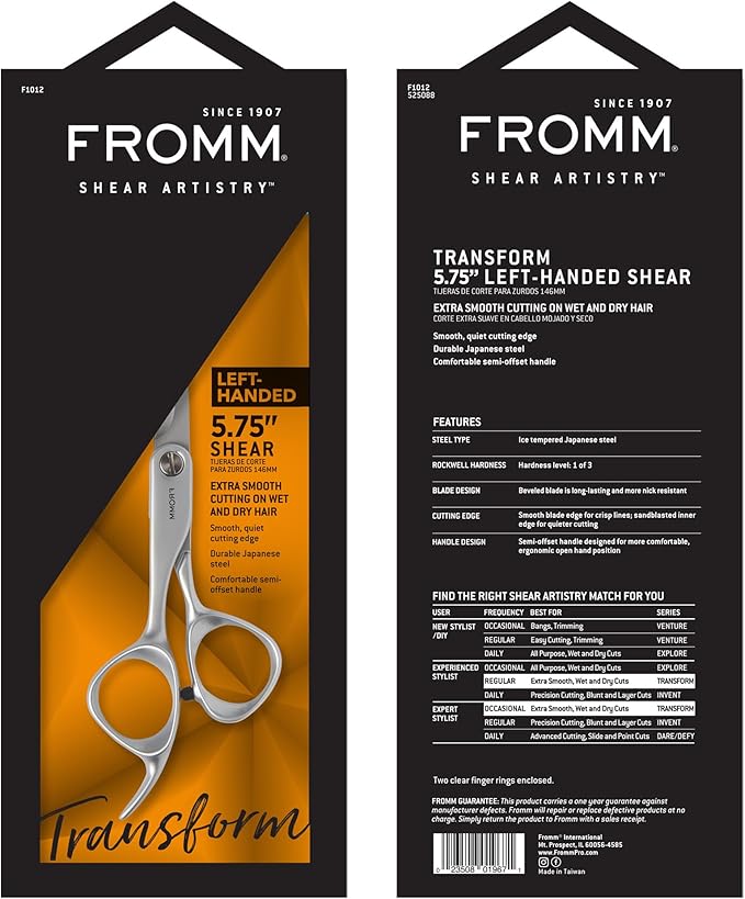 Fromm Transform 5.75" Left-Hand Extra Smooth Hair Cutting Shears for Wet and Dry Hair, Polished Silver Japanese Steel Scissors with Beveled Blade