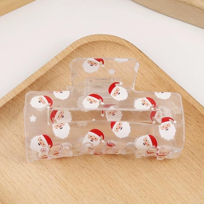 Christmas Hair Clips, Xmas Santa Claus Claw Clips, Rectangular Large Hair Claw Clips for Thick/Thin Hair, Transparent Father Christmas Design Medium Hairpin, Cute Hair Accessories