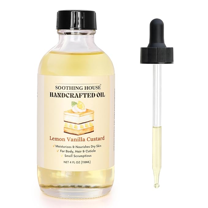 Lemon Vanilla Custard Oil with All-Natural Moisturizing Body Oil for Soft, Glowing Skin with Almond & Jojoba Oil (4 fl oz)