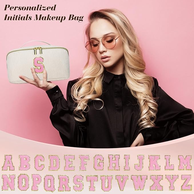 Personalized Initial Makeup Bag,Christmas Gifts for Girl,Preppy Bag Cosmetic Travel Bag Women,Travel Toiletry Organizer,Large Capacity Corduroy Stuff Bag,Cute Cosmetic Pouch Skincare Bag-G