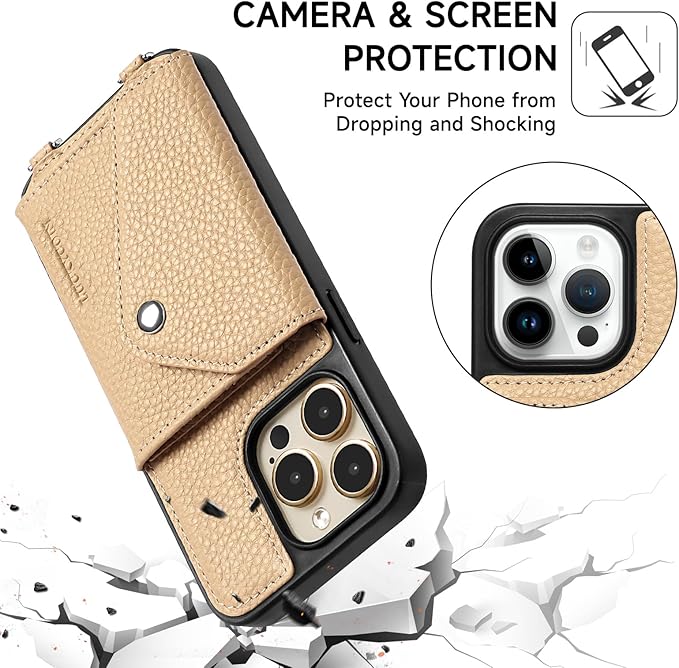 LUCKYCOIN Crossbody Wallet Phone Case for iPhone 15 Pro Max,100% Genuine Leather Wallet Phone Case with Expandable Flip Card Holder,Phone Purse for Women with Adjustable Removable Strap - Pebble Beige