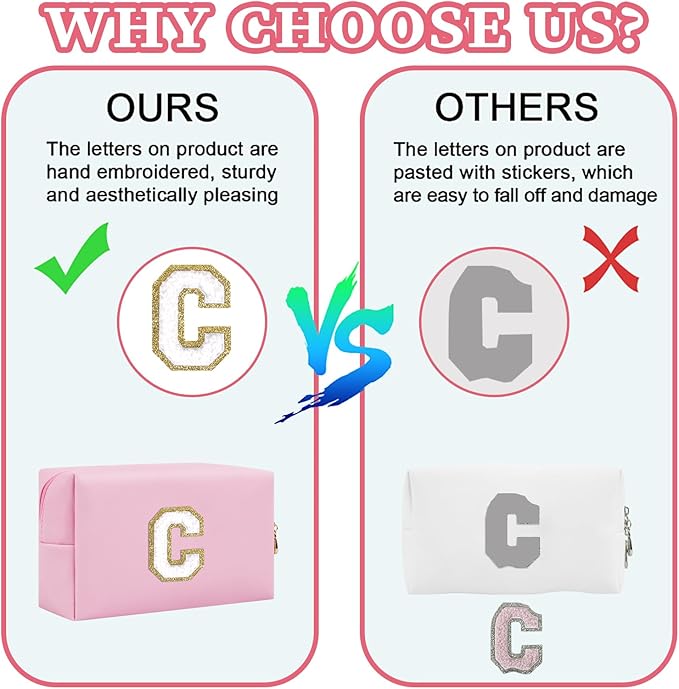 Personalized Initial Letter Patch Makeup Bag, Preppy Portable Chenille Cosmetic Bag with Zipper, PU Leather Waterproof Travel Toiletry Bag Monogram Make Up Pouch for Women Girls