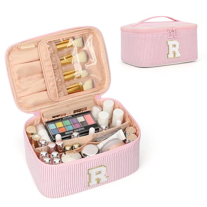 OCHEAL Makeup Bag for Women, Monogram Cosmetic Bag with Brush Holder, Pink Travel Makeup Case Beauty Toiletry Bag Organizer Personalized Gifts for Girls Bridesmaid, Sister, Wife, Friends Initial R