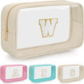 Personalized Initial Clear Makeup Bag, Travel Chenille Patch Cosmetic Bag, Preppy Toiletry Bag Monogram Cosmetic Pouch with Zipper, Ideal Gift for Teen Girls Women (Clear-Beige, W)