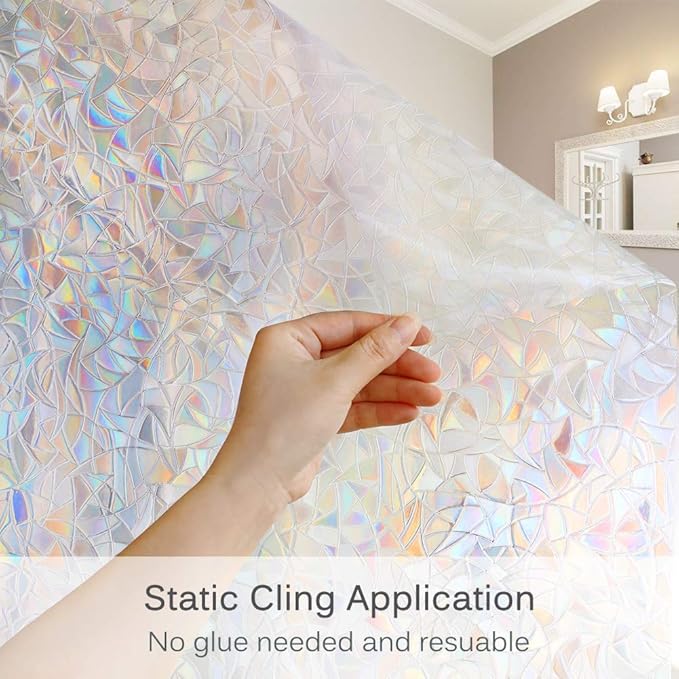 Volcanics Window Privacy Film with Installation Tools, Static Window Clings Vinyl 3D Decals Stickers Rainbow Window Film for Glass Door Home Heat Control Anti UV 17.5 x 78.3 Inches