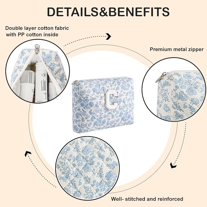 Alphabet Makeup Bag Cosmetic Bag for Women, Christmas Gifts for Age 11-18, Personalized Floral Coquette Travel Bag, Trendy Stuff Zipper Make Up Pouch Organizer Bag (Blue Floral C)