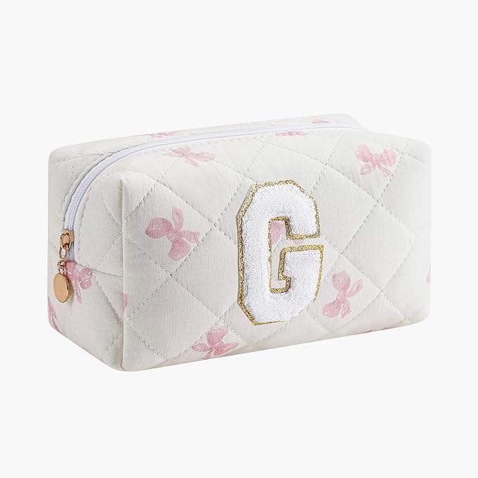 Gleyemor Personalized Initial Makeup Bag for Women, Cute Quilted Pink Floral Cotton Cosmetic Bag, Christmas Gifts for Her Mom Friend Sister Bridesmaid Teacher Women G