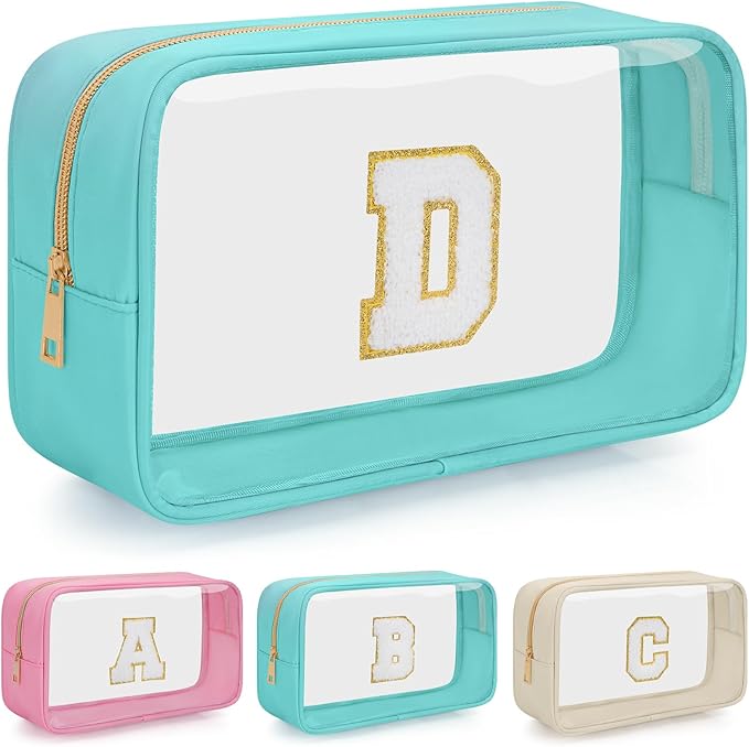 Personalized Initial Clear Makeup Bag, Travel Chenille Patch Cosmetic Bag, Preppy Toiletry Bag Monogram Cosmetic Pouch with Zipper, Ideal Gift for Teen Girls Women (Clear-Green, D)