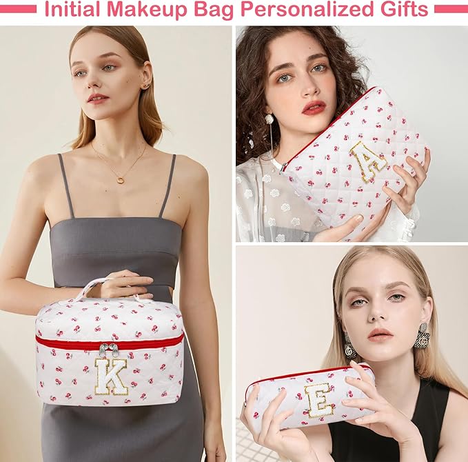 Initial Makeup Bag Set, Personalized Quilted Makeup Bag, Large Floral Cosmetic Bag for Women, Cute Cotton Custom Make up Bags, Flower Travel Toiletry Bag Teen Girl Gift Trendy Stuff Gift Red Cherry E
